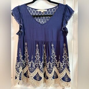 ANDREE BY UNIT Navy Tunic with Cream Embroidered Lace Hem